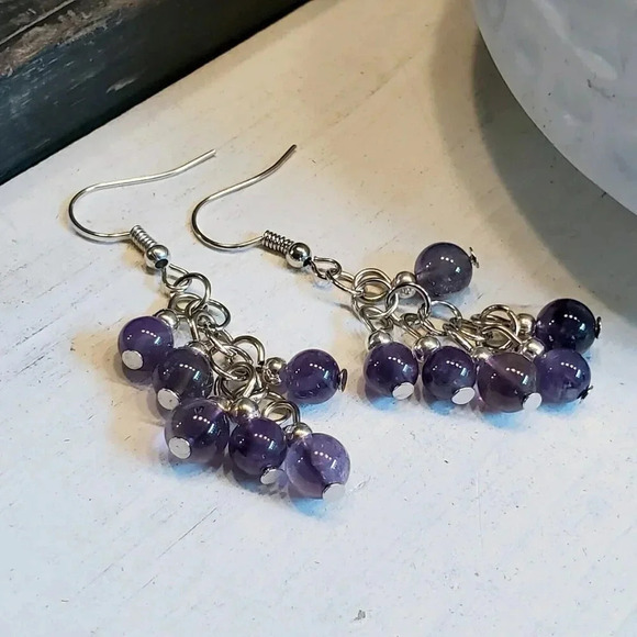 Amethyst Purple Gemstone Bead Dangle Silver Platinum Plated Earrings - Picture 8 of 10